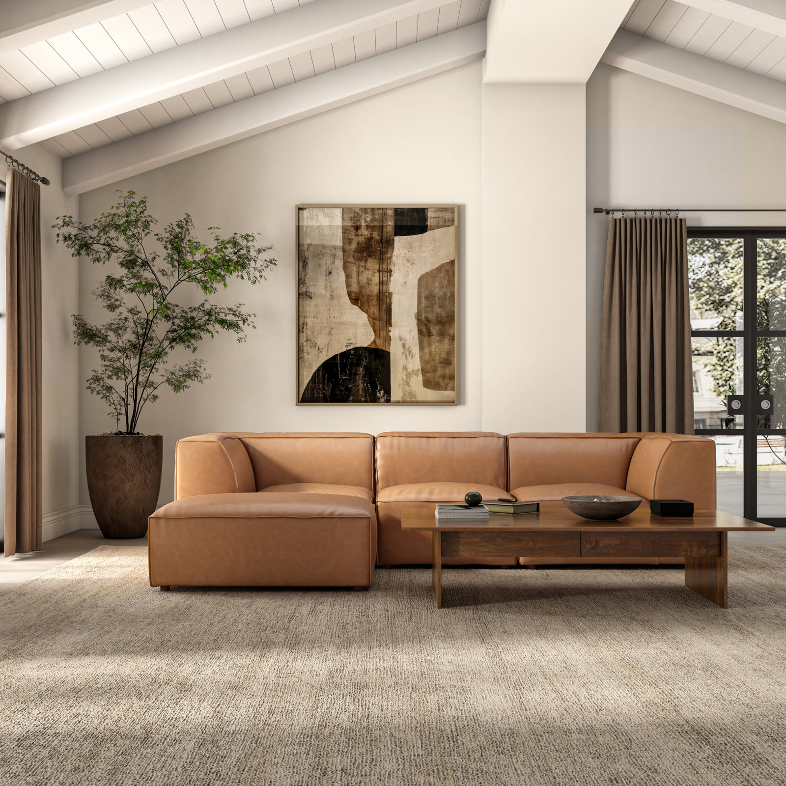 Foley Pine Genuine Leather Slipper Chair, Tan Top Grain Leather