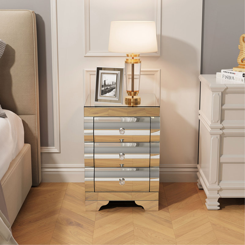 Table de chevet courbée à 3 tiroirs avec miroir - table de chevet en verre + panneau de fibres à densité moyenne, commode de rangement glamour moderne pour petits espaces de chambre à coucher / salon