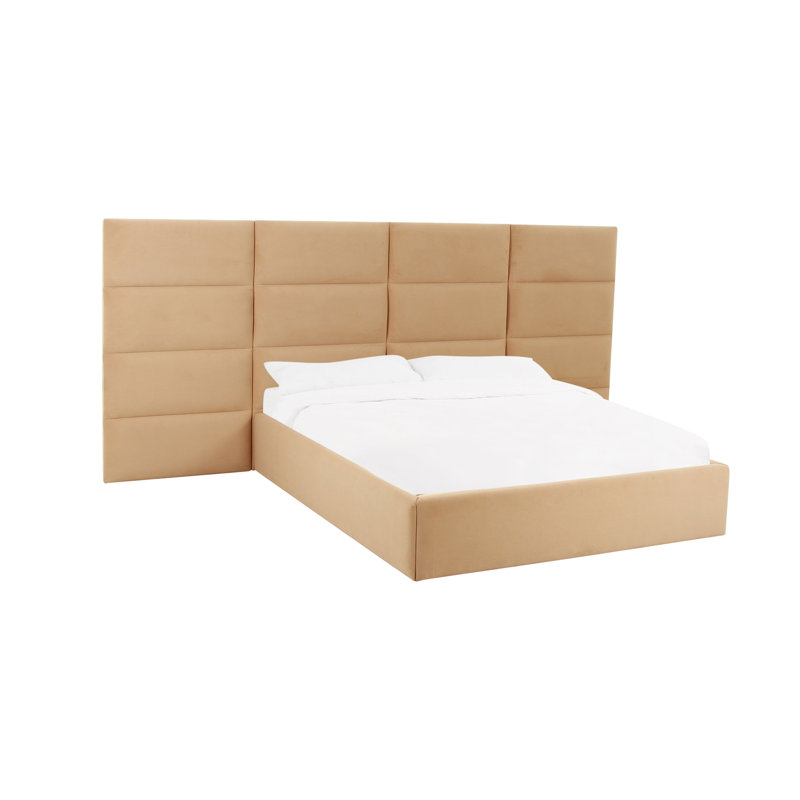 Beige Velvet Upholstered Queen Bed with Adjustable Headboard