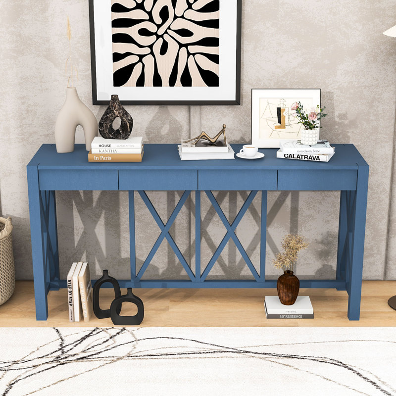 60-Inch Wood Console Table with Spacious Drawers, X-Leg Design, Navy Blue