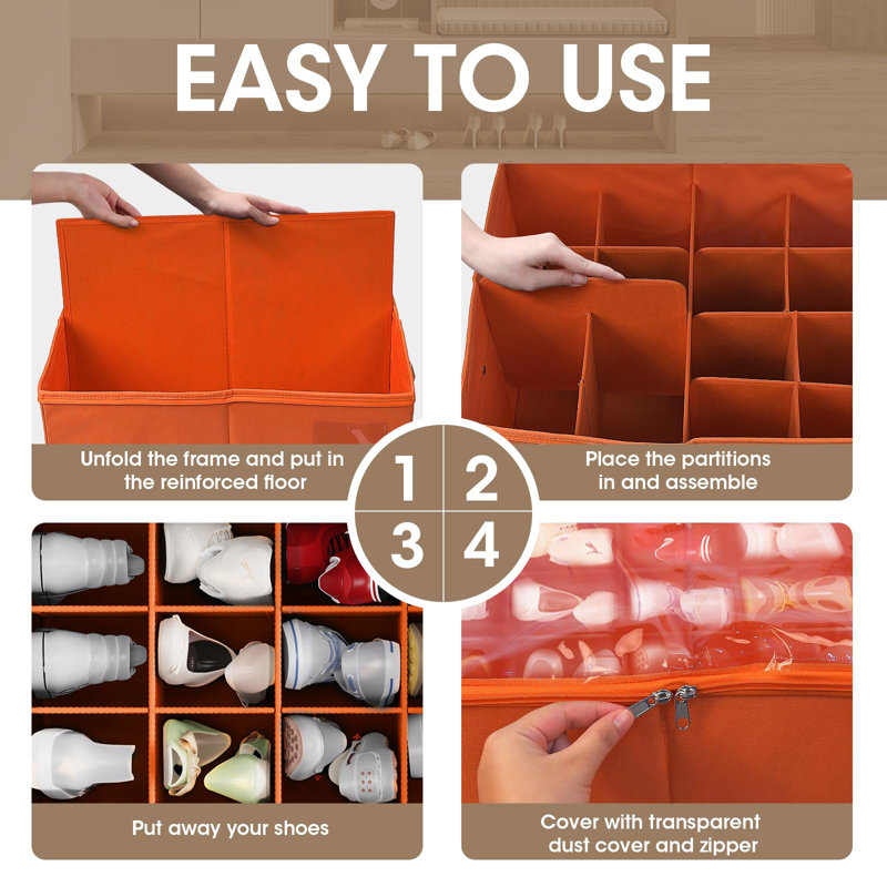 Large Orange Shoe Organizer Box with Clear Cover and Adjustable Dividers