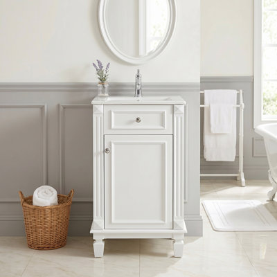 Ensemble de meuble-lavabo autoportant 18 po en bois d'hévéa massif et panneau de fibres à densité moyenne, armoire blanche avec 1 porte à fermeture douce et tablette réglable, lavabo intégré en céramique blanc brillant, quincaillerie d'armoire complète assortie