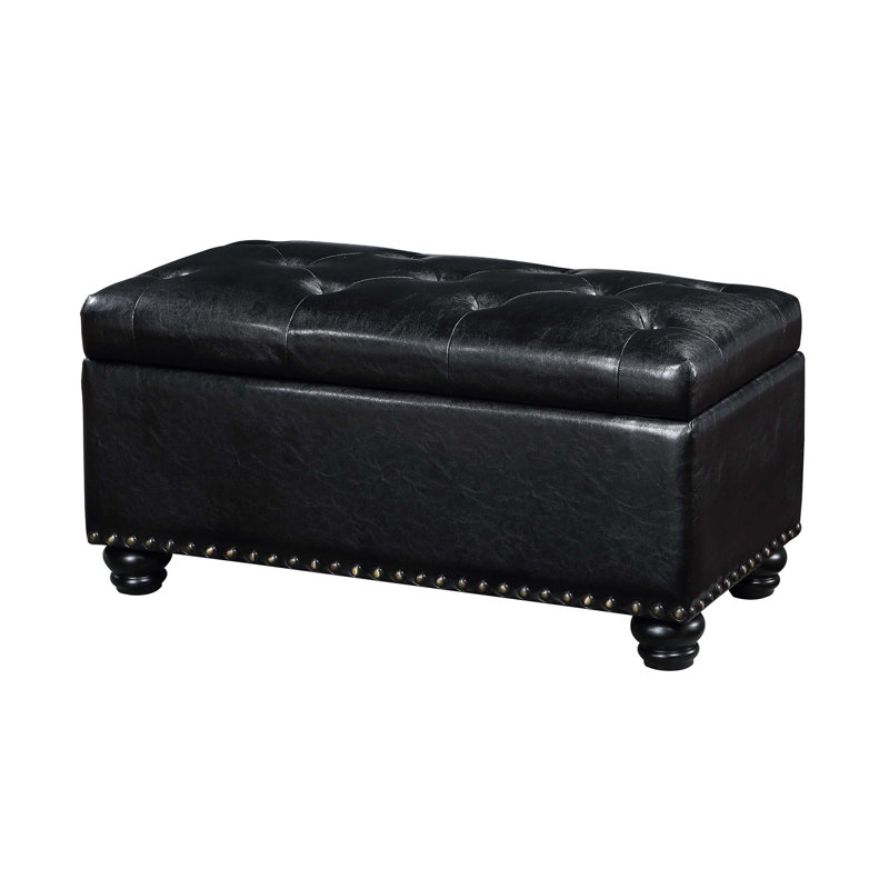 Alease 35.5" Tufted Rectangle Storage Ottoman , Black Faux Leather