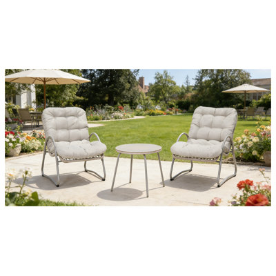 3-Piece Outdoor Patio Furniture Set with Off-White Wicker Accent Chairs and Round Side Table - Modern Steel Frame Lounge Seating for Garden, Poolside & Balcony