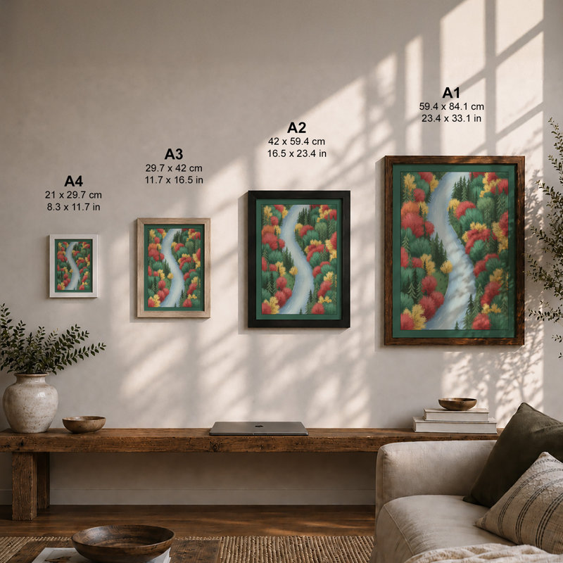Autumn River Through Gardens Botanical - Print, A4 - 29.7 x 21.0 cm, Black