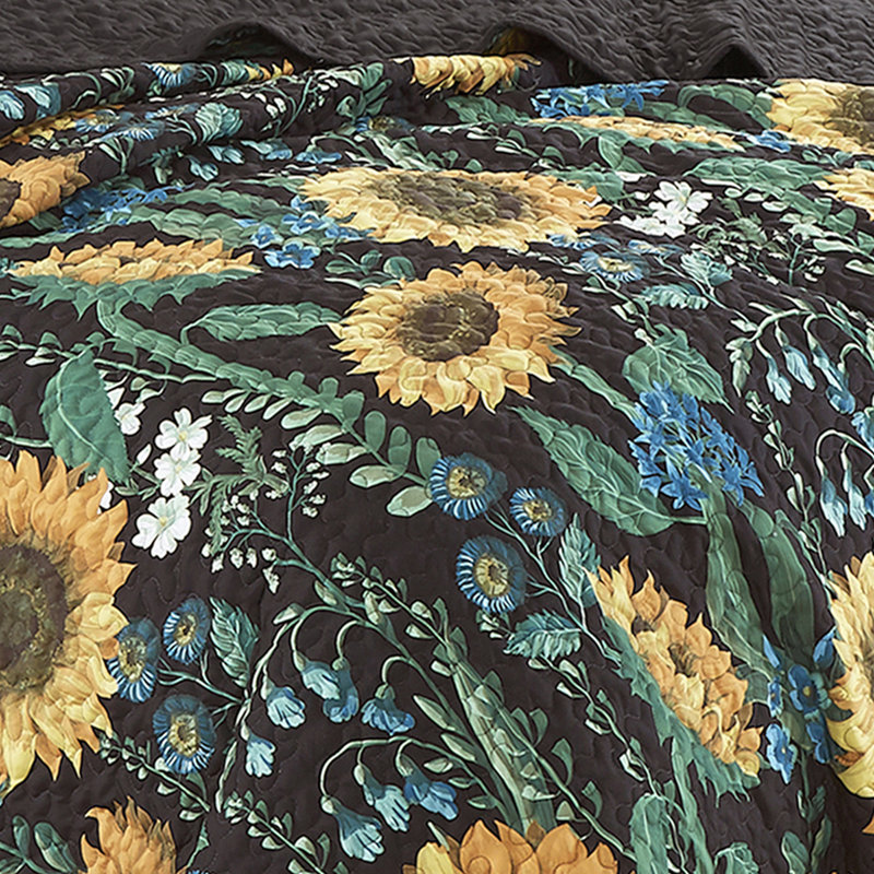 Sunny Floral Black and Yellow Queen Bedspread Set