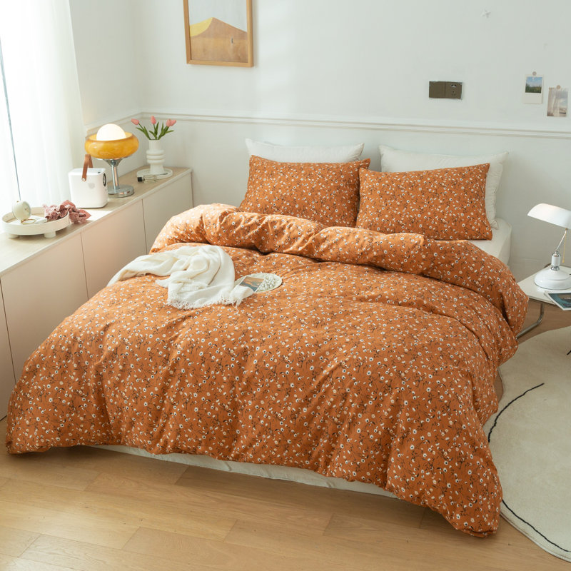 Cotton Floral Print Duvet Cover Set, Orange/Floral, Twin XL Duvet Cover + 2 Twin XL Pillowcases