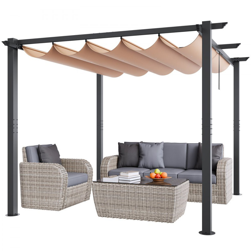 Outdoor Retractable Pergola with Sun Shade Canopy Aluminum Gray, Beige, 96" H x 120" W x 120" D
