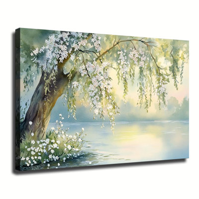 Saule fleurie au bord d'un lac calme, aquarelle, grande toile tendue sur châssis, idéale pour le salon ou la chambre.