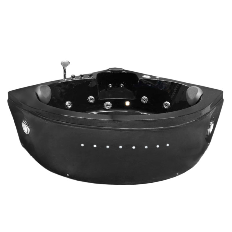 DOLPHIN 59" x 59" 2-Person Black Corner Whirlpool Bathtub with Chromotherapy & Waterfall Spout