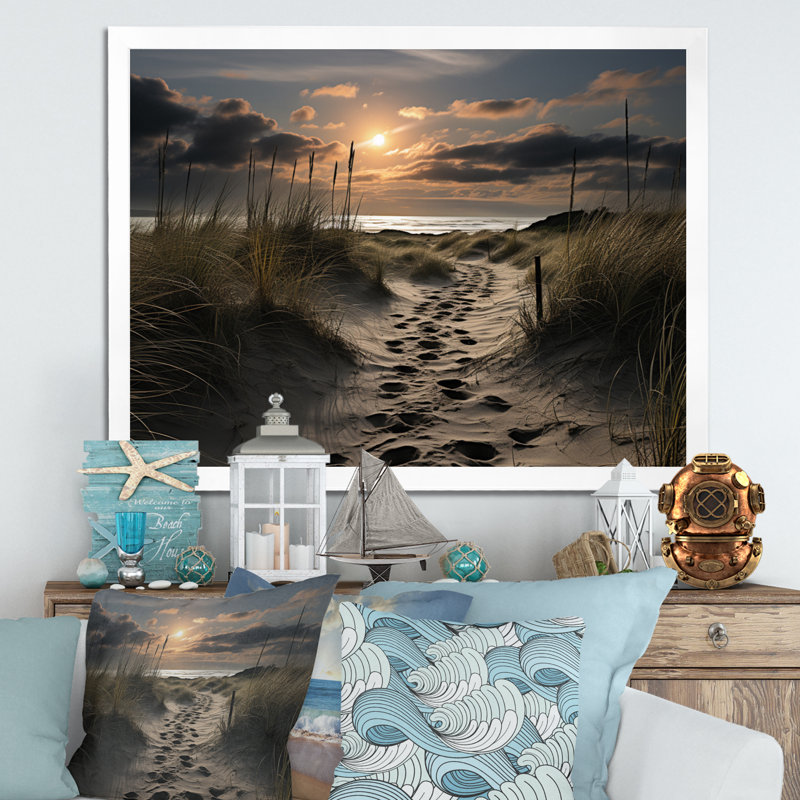 Photo de plage empreintes de pas dans I - impression, H 34 po x l 44 po x P 1,5 po, Cadre photo blanc