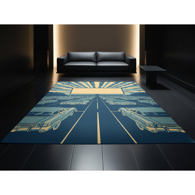 Machine Washable Entertainment & Pop Culture Drive In Theater Vintage Vintage Look Rug in Gray – Navy Binding, 6x9