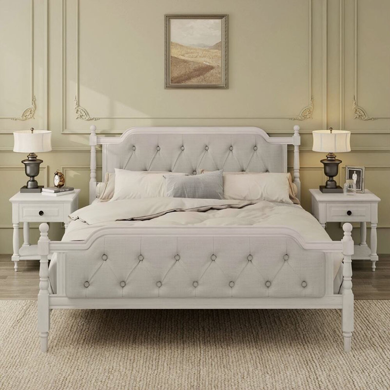 Traditional Style Solid Wood Bed Frame With Upholstered Tufted Headboard,No Box Spring Needed,, White, King
