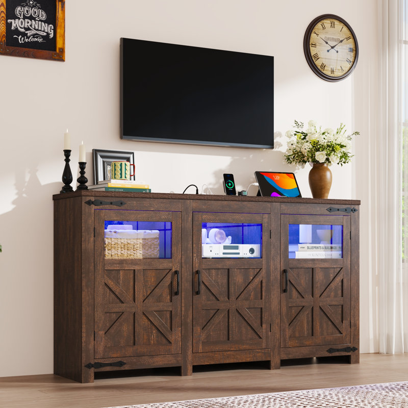 64.2" LED Farmhouse TV Stand For Tvs Up To 70" With Power Outlets And Adjustable Shelves, Brown
