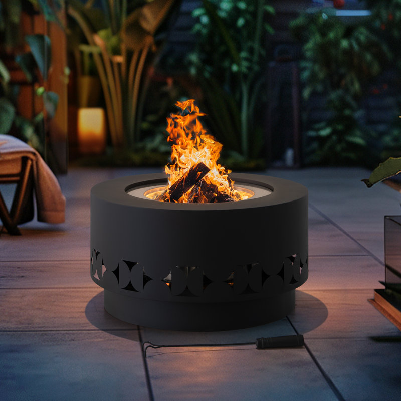 Sunjoy 28 Inch Extra Tall Round Smokeless Fire Pit with Removable Ash Pan, Portable Wood Burning Outdoor Fireplace with PVC Weather Cover & Fire Poker, Ideal for Patio, Camping & Backyard, Black