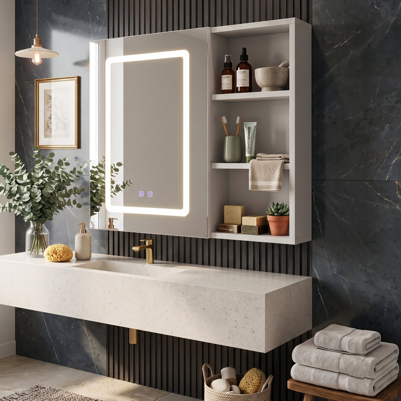 60.2cmW Bathroom Mirror Cabinet with Open Side Shelves & LED Lights, Wall Mounted Illuminated Medicine Cabinet with Demister Pad, White, 60.2x15.2x60.2cm