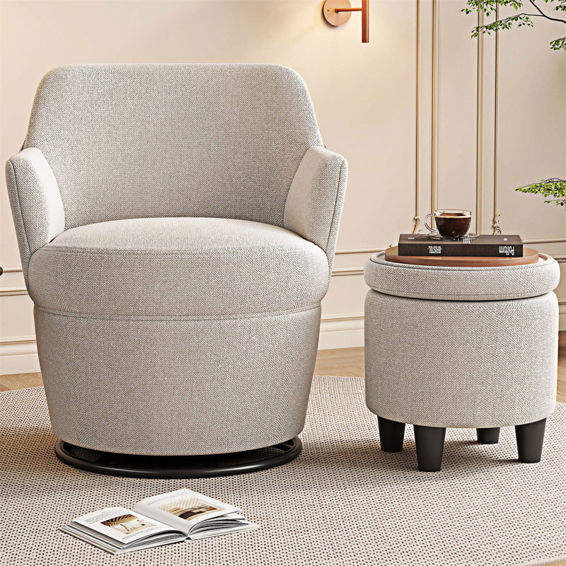 Fauteuil d'appoint pivotant moderne avec repose-pieds, Lin de coton blanc