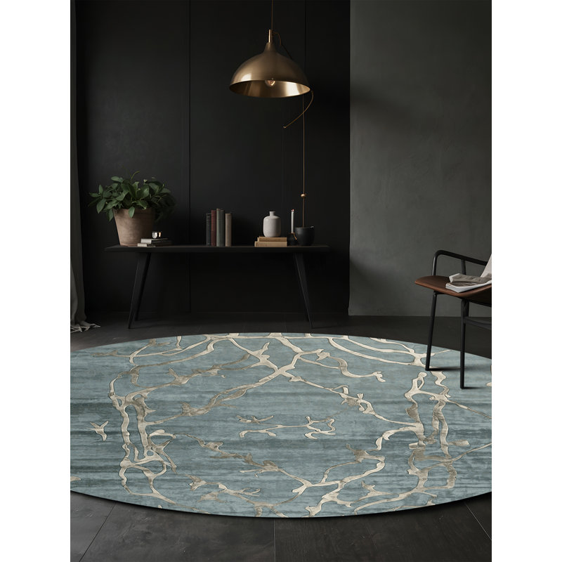 Machine Washable Blue Area Rug, Round 5'