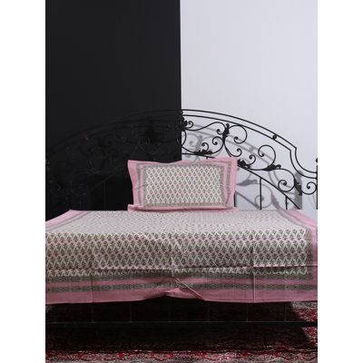 Jasmine White Bagru Floral Handblock Printed 100% Cotton Single Size Bedsheet Set – Pink & Green Traditional Indian Block Print, 1 Pillow Cover