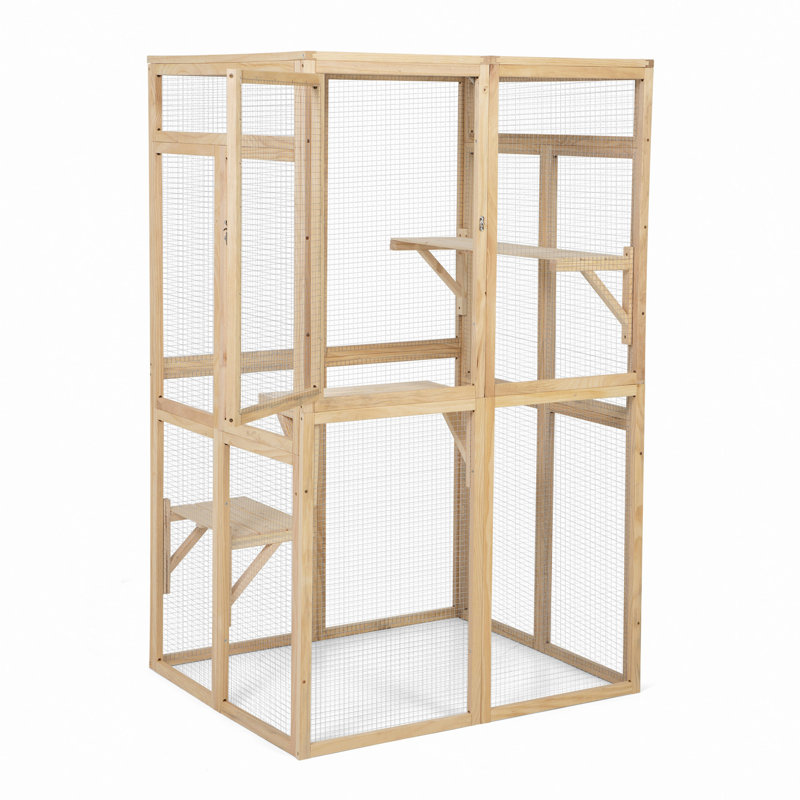 Catio en bois, enclos pour chat extérieur, maison pour chat avec plateformes, planche de soleil, hamac, porte, maisonnette pour chaton, 