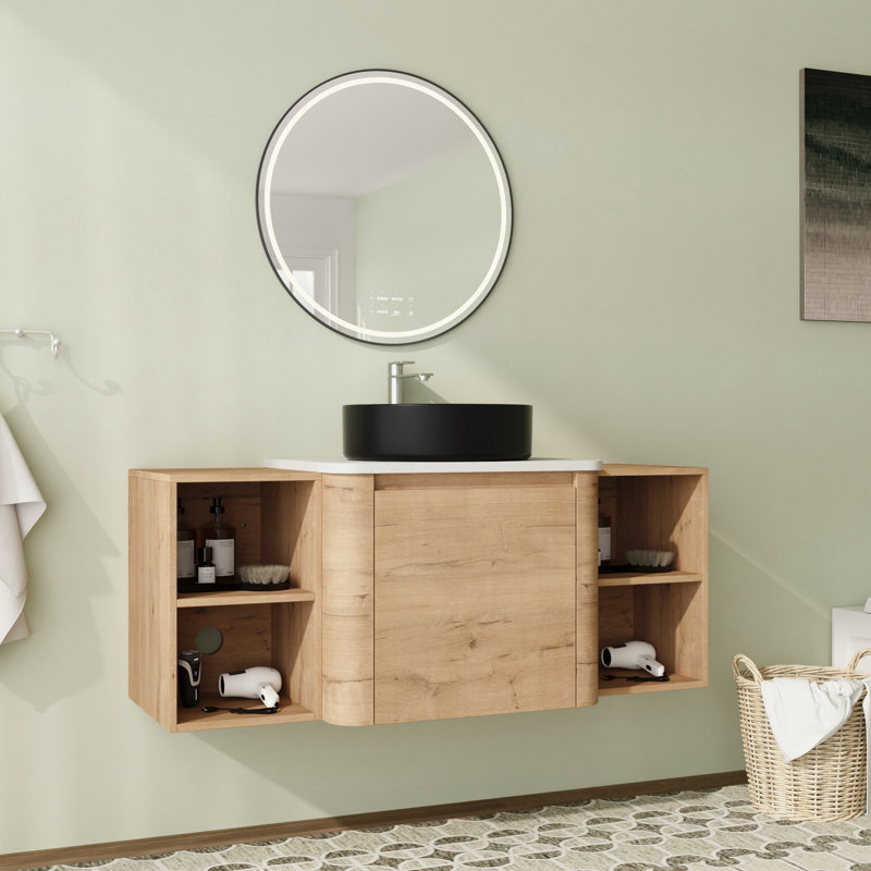 Meuble-lavabo flottant mural 48 po avec comptoir en quartz et portes et tablettes de rangement à fermeture en douceur, Noir