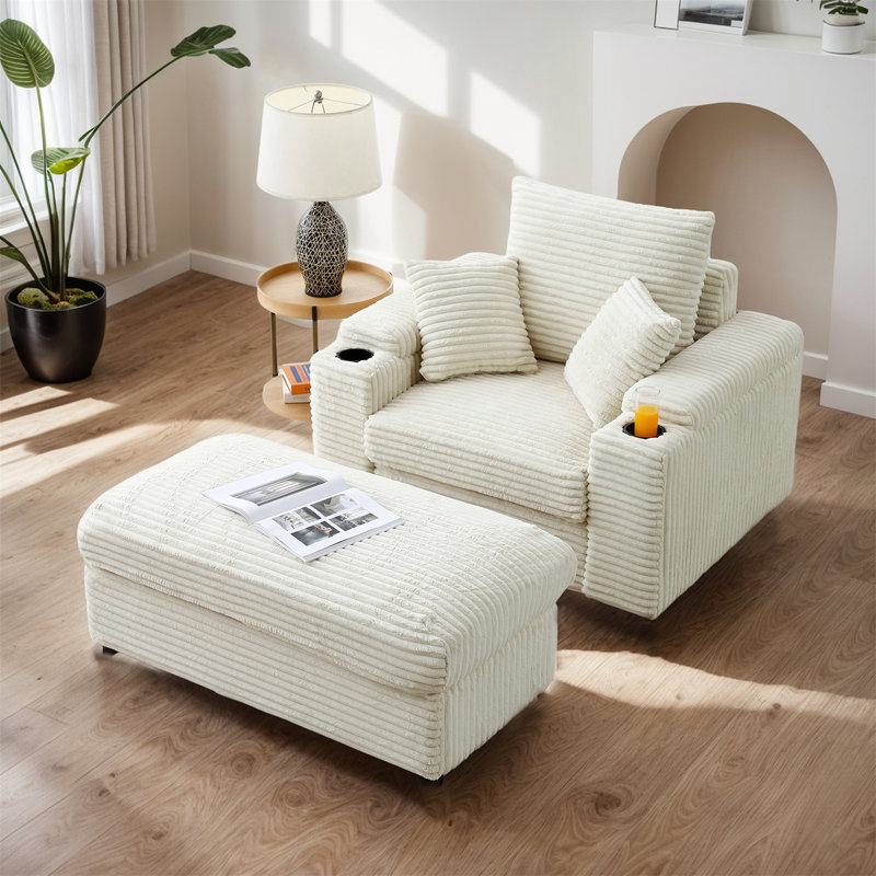 Chaise longue rembourrée avec repose-pieds, Tissu crème