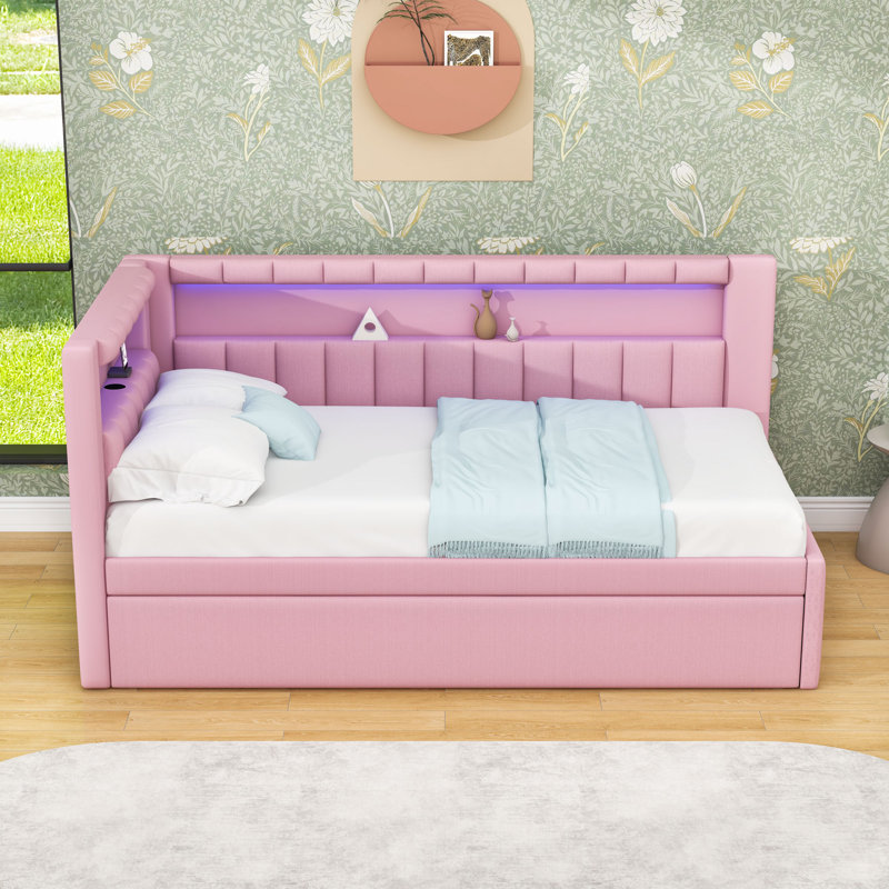 Twin Wooden Bed with Trundle,USB and LED, Pink