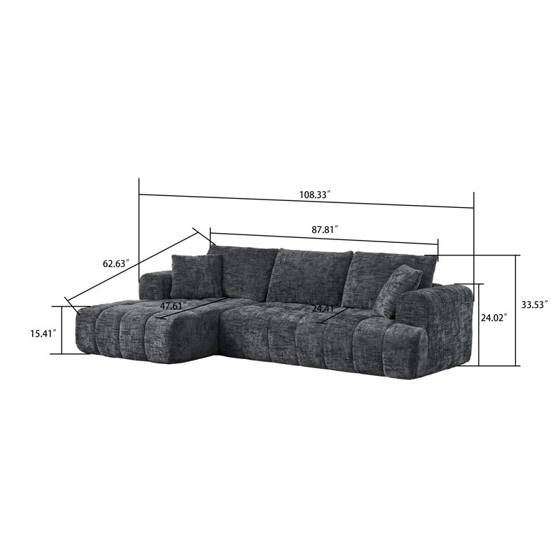 Classic Boneless L-shaped Chenille Fabric Upholstered 3-Seater Sectional Sofa with Two Pillows, Dark Gray Chenille