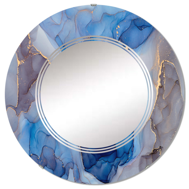 Bleu et gris luxueux abstrait fluide Art III - miroir mural moderne, 24 po x 24 po
