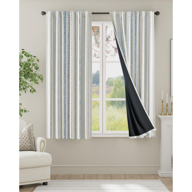 Rideaux occultant à motif géométrique boho, L 52 po x L 63 po, Bleu