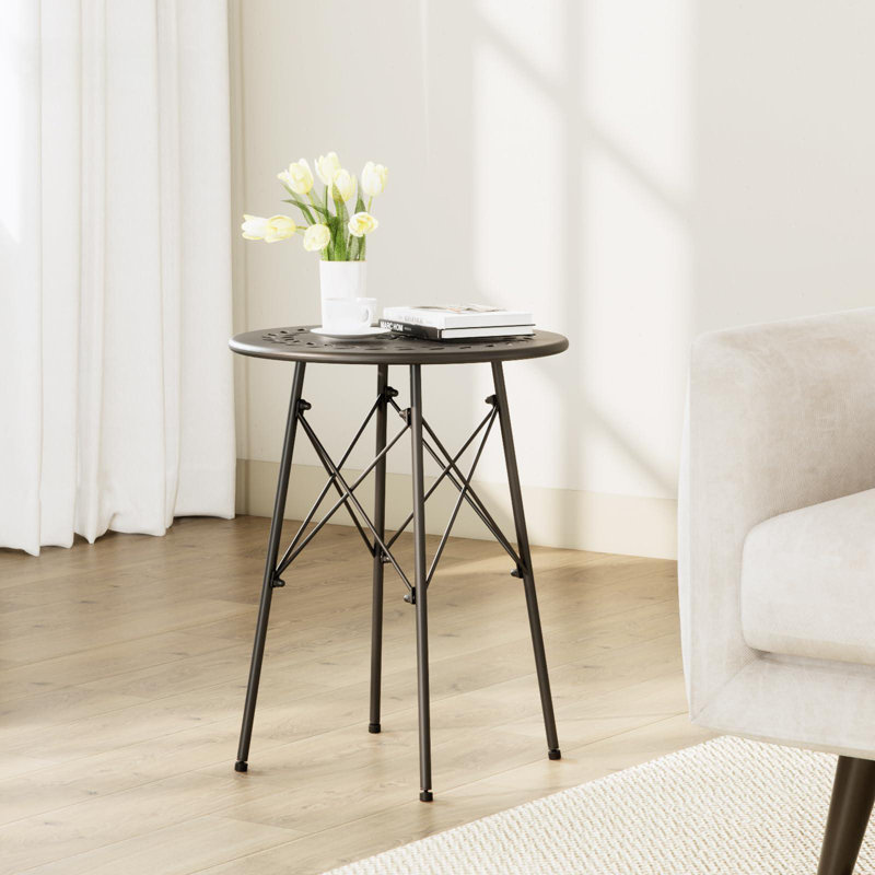 Black Metal Round Weatherproof Side Table for Patio and Garden