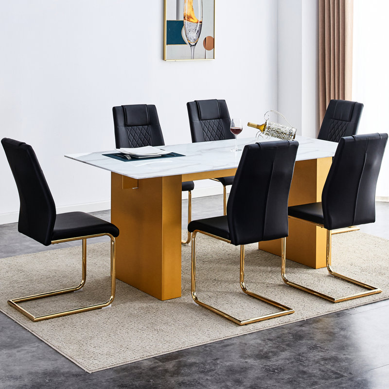 Collection de tables et de chaises glamour: rectangulaire avec surface en verre, 6 chaises en similicuir
