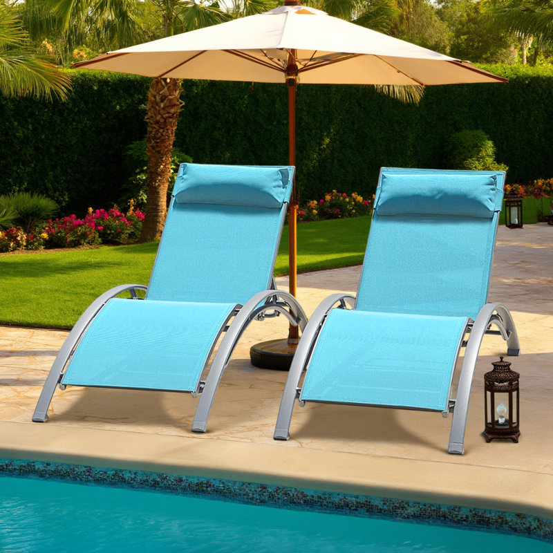 Set of 2 Outdoor Chaise Lounges, Adjustable Aluminum Pool Chairs with PVC-coated polyester Fabric, Blue