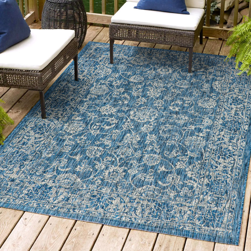 Leonora Bohemian Textured Weave Floral Navy/Gray Indoor/Outdoor Rug, Rectangle 6' x 9'