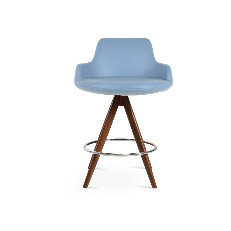 Tabouret de derviche, Similicuir bleu, Noyer, Tabouret de bar (siège d'une hauteur de 29,5 po)