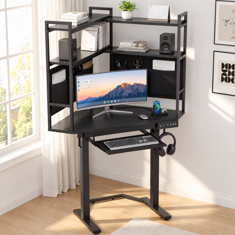 Adjustable Height Iron Standing Desk with Built-In Electrical Outlet, Black