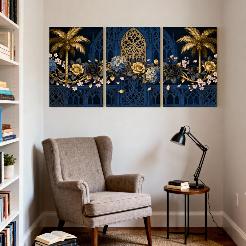 Plantes et fleurs, arche gothique bleue, fleurs d'or, palmiers, ensemble de 3 impressions sur toile, H 18 po x l 12 po