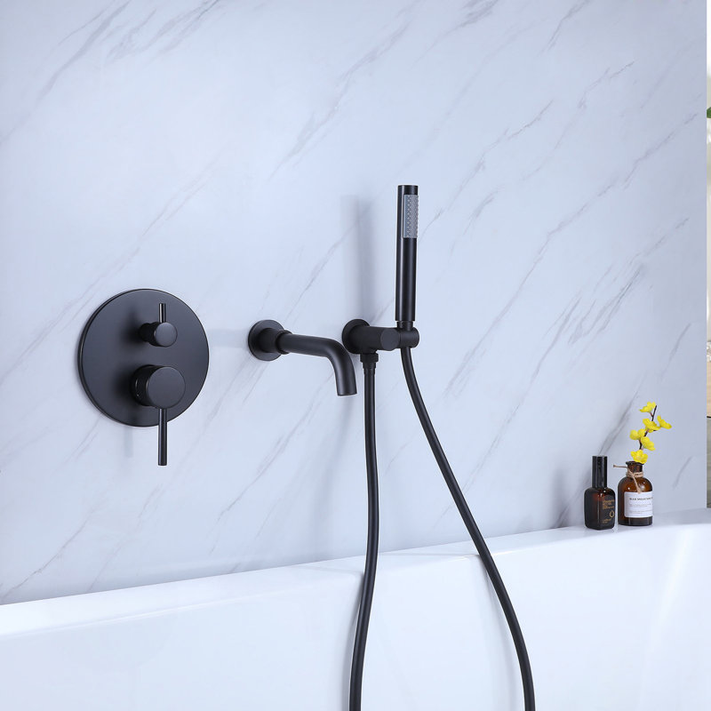 2-Handle Tub Spot Wall Mount Rain Mixer Shower Faucet Tub And Shower Faucet With Hand Shower In Black Valve Included