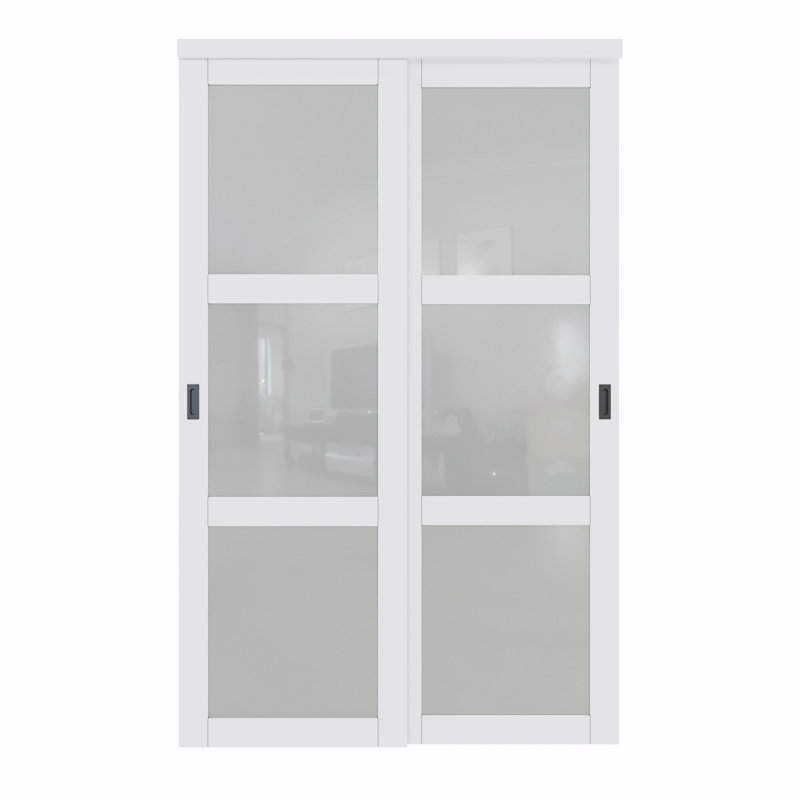 96"H Full-Assembled 3-Lite Primed Frosted Closet Sliding Doors With Hardware Kit & Handles, 60" x 96"