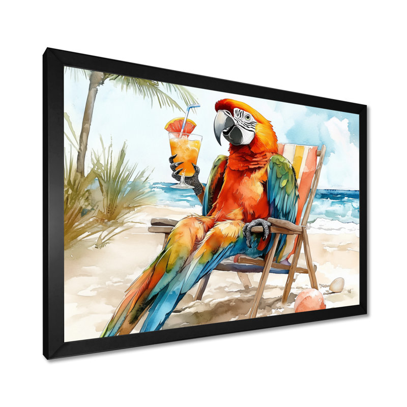 Chaise longue perroquet sur une plage - araignée, art mural, Toile encadrée noire simple, H 34 po x l 44 po x P 1,5 po