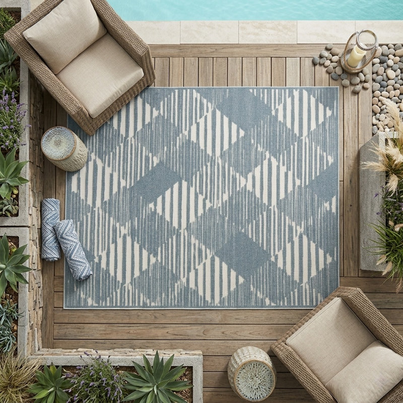 Turkish Unfaded Geometric Indoor Outdoor High-Low Pile Area Rug in Blue/Cream for Patios, Deck, Porch Or Entryway