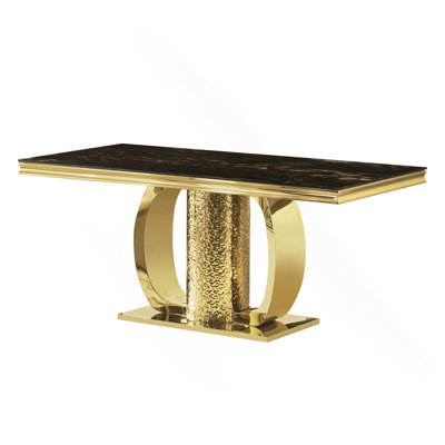 Table de salle à manger en acier inoxydable doré avec plateau en verre trempé noir 70,08 pouces avec autocollant