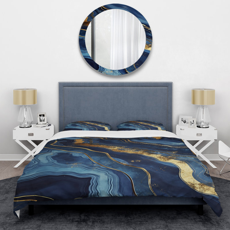 Ensemble de housse de couette en marbre bleu et doré, Housse de couette pour grand lit et 2 taies décor