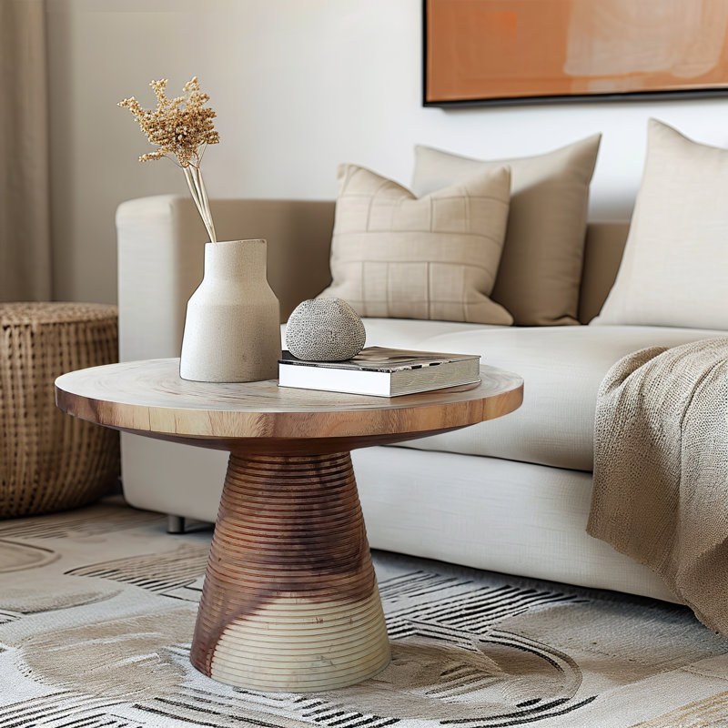 Suar Wood Coffee Table - 27" Round Brown Accent Table for Living Room, Bedroom, Office - Rustic Modern Design with Natural Grain Finish, Casual Home Decor