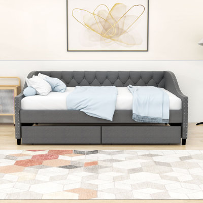 Devyon Full Size 2 Drawers Upholstered Daybed with Slats Support