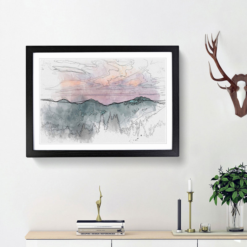 Mountain Divide in Abstract - Picture Frame Drawing Print, 36cm H x 48cm W x 2cm D, Black Framed