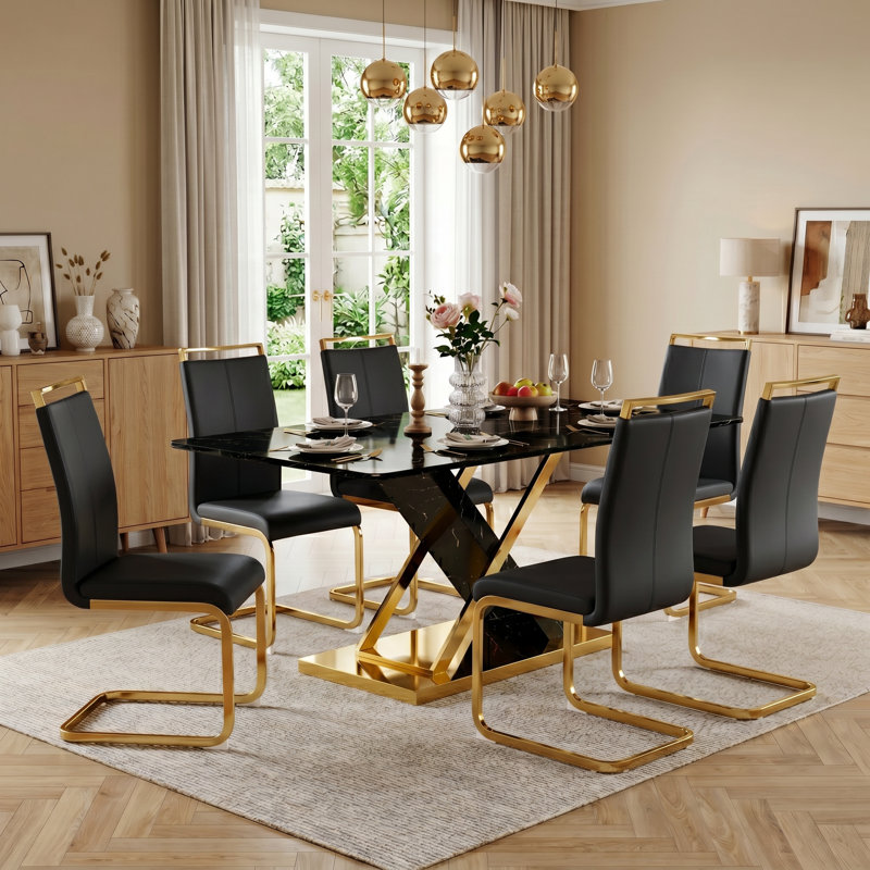7-Piece Modern Rectangular Faux Marble Tempered Glass Dining Set with Faux Leather C-Shaped Chairs, 7 Pieces: Table, 6 Chairs