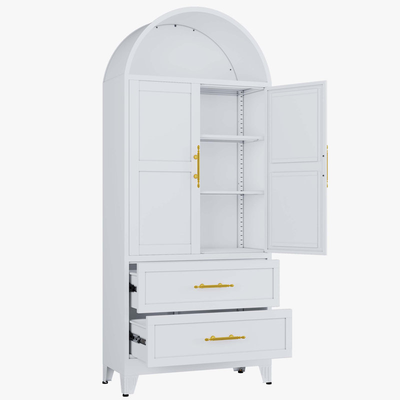 73 Inch Tall Metal Arched Cabinet with 2 Doors, 2 Adjustable Shelves, and Open Storage, Modern Farmhouse Design for Versatile Use