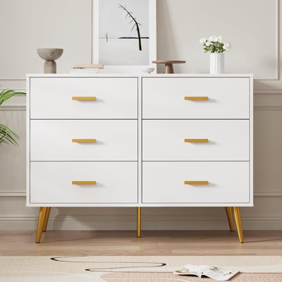Modern 6-Drawer Wood Dresser with Gold Handles – White & Black Chest for Bedroom, Living Room, Hallway, or Entryway