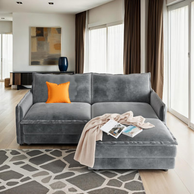 L-Shaped Sectional Sofa Corduroy Fabric 2-Seater Sofa with 1 Ottoman, Deep Seat & 2 Pillows